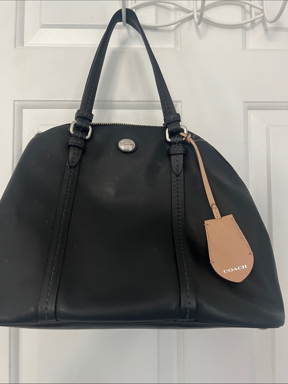 Coach  Black Leather Satchel with Tan Leather Tag 13W, 9L.